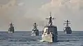 Jinan with U.S. Navy ships in the Atlantic on 3 April 2015.