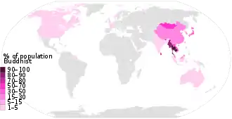 Purple Percentage of Buddhists by country, showing high in Burma to low in United States