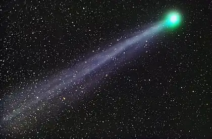 Image 23C/2014 Q2 (Lovejoy)Photograph: John VermetteC/2014 Q2 (Lovejoy) is a long-period comet discovered in 2014 by Australian astronomer Terry Lovejoy using a 0.2-meter (8 in) Schmidt–Cassegrain telescope. It was discovered at apparent magnitude 15 in the southern constellation of Puppis, and is the fifth comet discovered by Lovejoy. Its blue-green glow is the result of organic molecules and water released by the comet fluorescing under the harsh UV and optical light of the sun as it passes through space.More selected pictures