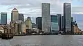 Canary Wharf from entrance to Limehouse Basin. April 2022.