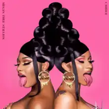 Cover art for "WAP": a portrait of Cardi B and Megan Thee Stallion leaning against each other, set to a hot pink background. Both of them have their eyes closed and their tongues sticking out, wearing tall, black wigs that look identical.