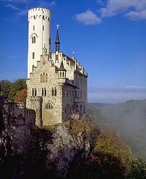 Image 19Lichtenstein CastlePhoto credit: Andreas TilleLichtenstein Castle is a fairy-tale castle located near Honau in the Swabian Alb, Baden-Württemberg, Germany. Although there have been previous castles on the site, the current castle was constructed by Duke Wilhelm of Urach in 1840 after being inspired by Wilhelm Hauff's novel Lichtenstein. The romantic Neo-Gothic design of the castle was created by the architect Carl Alexander Heideloff.