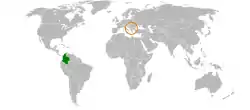 Map indicating locations of Colombia and Kosovo