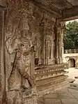 Dwarapalaka (door keeper) and a profile of the mantapa at the Vaidyeshvara temple, Talakad