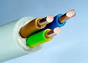Image 9Thermoplastic-sheathed cablePhotograph credit: Petar MiloševićA thermoplastic-sheathed cable consists of a toughened outer thermoplastic sheath of polyvinyl chloride, covering one or more individual annealed copper conductors. Each of the current-carrying conductors in the "core" is insulated by an individual thermoplastic sheath, coloured to indicate the purpose of the conductor concerned. The protective earth conductor may also be covered with insulation, although, in some countries, this conductor may be left as bare copper. The type of thermoplastic, the dimensions of the conductors and the colour of their individual insulation are specified by the regulatory bodies in the various countries concerned.More selected pictures