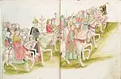 1460 A.D. A mix of different-sized buisines (far right) playing ahead of Holy Roman Emperor Sigismund. One trumpet resembles the thurner horn.