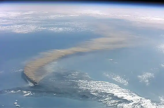 Image 27A 2002 eruption of Mount Etna, a volcano on the Italian island of Sicily, viewed from the International Space Station. (Credit: NASA, with image edits by User:Darkone.) (from Portal:Earth sciences/Selected pictures)