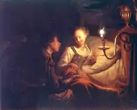 Godfried Schalcken, A Man Offering a Gold Chain and Coins to a Girl Seated on a Bed, c. 1665–1670