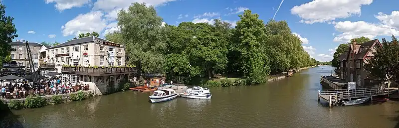 A panoramic view downstream of the River Thames from Folly Bridge, in Oxford