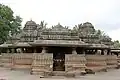 A frontal view displays the  staggered square layout of mantapa (hall) in Kedareshvara temple at Balligavi