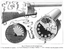 Image 25Louis Poyet [fr]'s engraving of the mechanism of the "fusil photographique" as published in La Nature (april 1882) (from History of film technology)