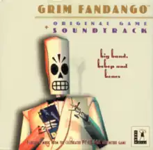 Manny Calabera, the skeleton protagonist of the game, appears from the torso up on a blank background, wearing a white suit jacket (emulating Humphrey Bogart in the film Casablanca). He is holding in his left hand a lit cigarette, while with his right hand he is pulling some travel documents from inside his jacket. The most visible document appears to be a ticket or pamphlet of a cruise ship. Above this image, near the top of the square frame, the title appears: "Grim Fandango - Original Game Soundtrack" a bit further down the following appears written: "big bands, bebop and bones". On the bottom of the frame it says "Featuring music from the celebrated PC CD-ROM adventure game" and the logo of LucasArts appears besides it to the right.