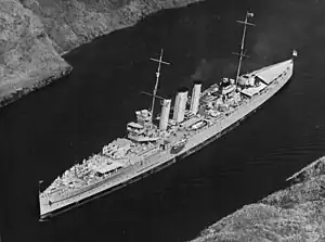 Image 58An aerial view of the second HMAS Australia  – a heavy cruiser –  passing through the Panama Canal in March 1935. Australia saw extensive combat in World War II. (from History of the Royal Australian Navy)