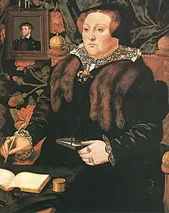 Hans Eworth's portrait of Mary Neville, with a posthumous image of her husband in the background