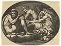 Hercules, Bacchus, Pan, and Saturn(?), from a series of eight compositions after Francesco Primaticcio's designs for the ceiling of the Ulysses Gallery (destroyed 1738-39) at Fontainebleau