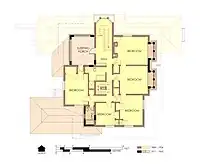 Hills House Second Floor Plan in 1975/76. Alterations since 1906 are marked in orange with bold walls.