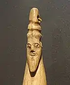 Carved head of bearded man with torus-like headgear, reminiscent of the Mesopotamian king. Late Naqada I- Early Naqada II 3800-3400 BCE, Brooklyn Museum.
