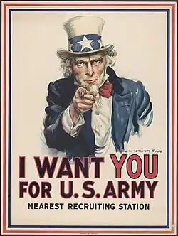J. M. Flagg's Uncle Sam recruited soldiers for World War I, and was revived in later wars.  Based on the Kitchener poster