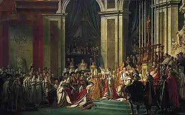 Image 18The Coronation of NapoleonPainting by Jacques-Louis David and Georges RougetThe Coronation of Napoleon, a painting by Jacques-Louis David depicting Napoleon Bonaparte's self-coronation as Emperor of France on December 2, 1804. The act took place in Notre-Dame de Paris, during which Napoleon, eschewing tradition, took the crown and placed it on his own head. The nearly 10 by 6 m (32.8 by 19.7 ft) work was commissioned before the coronation and completed in 1807.More featured pictures