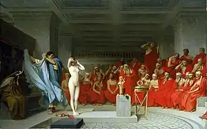 19th century interpretation of the hetaira: Jean-Léon Gérôme's painting Phryne Revealed Before the Areopagus depicts the hetaira Phryne on trial. The sight of her nude body, according to legend, persuaded the jurors to acquit her.