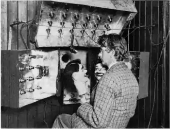 Image 47Baird in 1925 with his televisor equipment and dummies "James" and "Stooky Bill" (right). (from History of television)