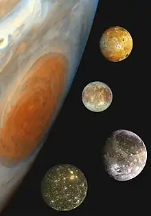Image 9A composite montage comparing Jupiter (lefthand side) and its four Galilean moons (top to bottom: Io, Europa, Ganymede, Callisto). (from History of physics)