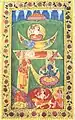 Kashmiri miniature painting of Brahma, Vishnu, Mahesh, and other Indic deities figuratively within the Sharada script Omkar glyph