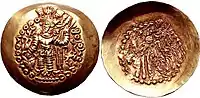 Coin in the name of Kidara I, with legend "βαγο Κιδαρο οοζορκο κοþανοþαο" "Kidara, the great Kushanshah", of the type found in Tepe Maranjan (Type 6A-D), dated to before 388 CE.
