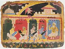 Krishna and Balarama Studying with the Brahman Sandipani (Bhagavata Purana, 1525-1550 CE print). Krishna in blue is seated next to Balarama, both wearing peacock-feather headdresses, in front of their teacher Sandipani. Two other students appear on the  left.