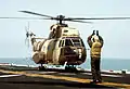 Kuwaiti SA330 lands on USS Okinawa in 1992.