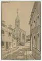 A ruined street in Landres, 1916; postcard drawing by a German soldier.  As can be seen in the lede photograph, the church appears to be the only surviving structure from this scene.