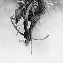 A monochrome archer pointing and aiming downwards imposed onto a predominantly white and light grey background.