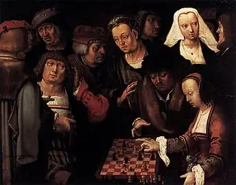Image 30Lucas van Leyden, c. 1508, The Game of Chess, oil on oak, 27 x 35 cm, Gemäldegalerie, Berlin (from Chess in the arts)