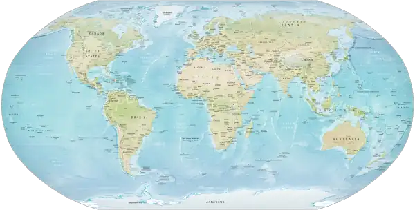 Image 2Robinson projectionMap credit: Central Intelligence AgencyThe Robinson projection is a projection of a world map showing the entire Earth at once. It was specifically created in an attempt to find a good compromise to the problem of showing the whole globe as a single flat image. The projection was devised by Arthur H. Robinson in 1963; distortion is severe close to the poles, but quickly declines to moderate levels as latitudes decrease. This Robinson-projection map, with standard parallels of 38°N and 38°S, was produced by the United States Central Intelligence Agency and shows the world as of February 2016.More selected pictures