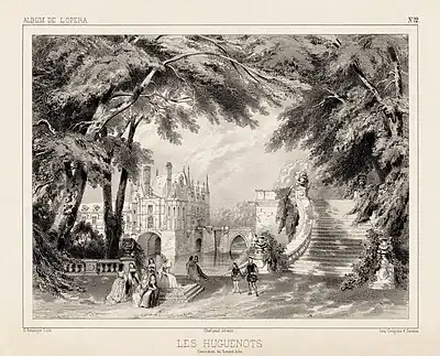 Image 4Press illustration of Act 2 of Les Huguenots, by Célestin Deshayes (restored by Adam Cuerden) (from Wikipedia:Featured pictures/Culture, entertainment, and lifestyle/Theatre)