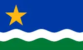 The North Star Flag features of blue over a field of green separated by an undulating white band. A yellow five-pointed star in emblazoned in upper left.