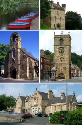 alt = A montage of images from Morpeth, which are images of the River Wansbeck, Morpeth Castle, Morpeth Clock Tower, Morpeth Chantry and Morpeth station. Clicking on an image in the picture causes the browser to load the appropriate article.