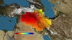 Image 7Estimates of changes in water storage around the Tigris and Euphrates Rivers, measured by NASA's GRACE satellites. The satellites measure tiny changes in gravitational acceleration, which can then be processed to reveal movement of water due to changes in its total mass. (from Hydrology)