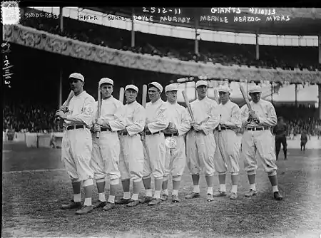 Image 32The NL champion New York Giants baseball team, 1913. Fred Merkle, sixth in line, had committed a baserunning gaffe in a crucial 1908 game that became famous as Merkle's Boner. (from History of baseball)