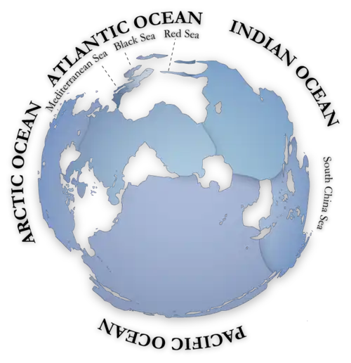 Image 24Oceans cover almost three quarters (71%) of the surface of the Earth, and nearly half of the world's marine waters are over 3000 m deep. This global, interconnected body of salt water, called the World Ocean, is divided by the continents and archipelagos into the following five bodies, from the largest to the smallest: the Pacific Ocean, the Atlantic Ocean, the Indian Ocean, the Southern Ocean, and the Arctic Ocean.  Official boundaries are defined by the International Hydrographic Organization. (Credit: Alexandre Van de Sande.) (from Portal:Earth sciences/Selected pictures)