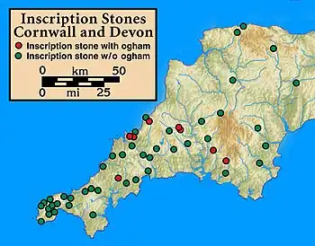 Image 21A map of inscription stones, with and without Ogham inscriptions. (from History of Cornwall)