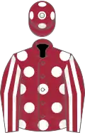 Maroon, white spots, white sleeves, maroon striped, maroon cap, white spots
