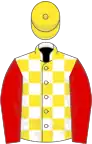 White, yellow check, red sleeves, yellow cap