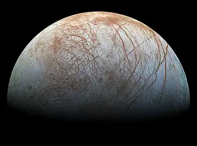 Image 21Europa (moon)Photo credit: NASA/JPLRealistic-color mosaic of images of Jupiter's moon Europa taken by NASA's Jupiter orbiter Galileo in 1995 and 1998. This view of the moon's anti-Jovian hemisphere shows numerous lineae, linear features created via a tectonic process in which crustal plates of water ice floating on a subsurface ocean (kept warm by tidal flexing) shift in relative position. Reddish regions are areas where the ice has a higher mineral content. The north polar region is at right. (Geologic features are annotated in Commons.)More selected pictures