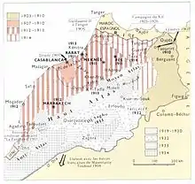 Image 14Map depicting the staged French pacification of Morocco through to 1934 (from History of Morocco)