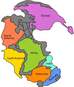 Image 4Pangaea was a supercontinent that existed from about 300 to 180 Ma. The outlines of the modern continents and other landmasses are indicated on this map. (from History of Earth)