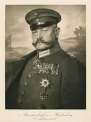 Image 22Paul von HindenburgPhotograph credit: Nicola Perscheid; restored by Adam CuerdenPaul von Hindenburg (2 October 1847 – 2 August 1934), was a German general and statesman who led the Imperial German Army during World War I. In 1925, he returned to public life to become the second elected president of the Weimar Republic. While he was personally opposed to Adolf Hitler and his Nazi Party, he nonetheless played a major role in the political instability that resulted in their rise to power, ultimately agreeing to appoint Hitler as Chancellor of Germany in January 1933 after the Nazis had become the largest party in the Reichstag. This 1914 photograph of Hindenburg in military uniform was taken by the German photographer Nicola Perscheid.