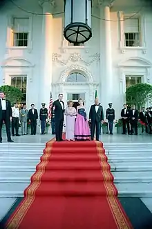 João (right) and Dulce Figueiredo with U.S. President Ronald Reagan and First Lady Nancy Reagan before a State Dinner at the White House, 12 May 1982