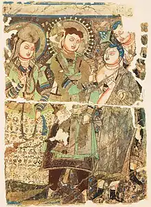 King Tottika of Kucha with his wife Svayaṃprabhā, accompanied by two monks, Maya Cave (group II), Kizil 205