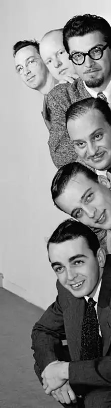 Clockwise from left: Eddie Sauter, Edwin Finckel, George Handy, Johnny Richards, Neal Hefti, and Ralph Burns at the Museum of Modern Art, New York c. 1947